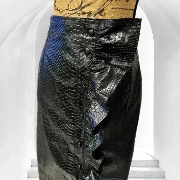 REBECCA TAYLOR black faux leather croc embossed midi skirt ruffle button 4 - Picture 4 of 6
